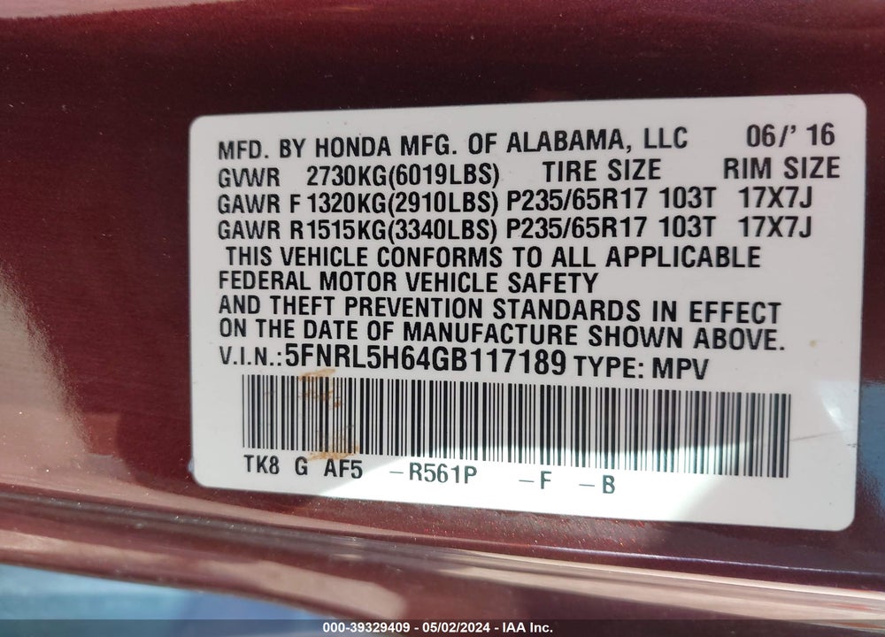 2016 HONDA ODYSSEY EX-L VIN: 5FNRL5H64GB117189