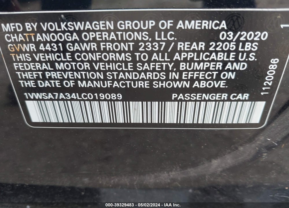2020 VOLKSWAGEN PASSAT 2.0T SE VIN: 1VWSA7A34LC019089