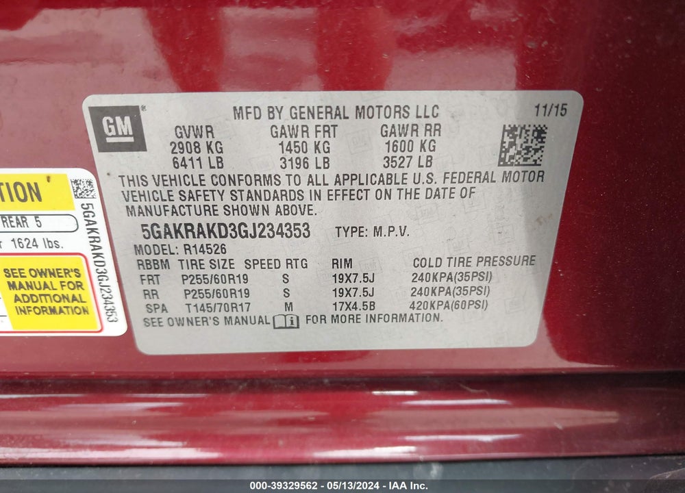 2016 BUICK ENCLAVE CONVENIENCE VIN: 5GAKRAKD3GJ234353