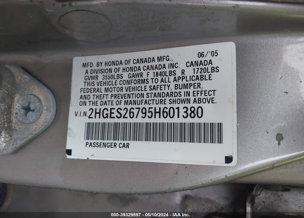 2005 HONDA CIVIC EX VIN: 2HGES26795H601380