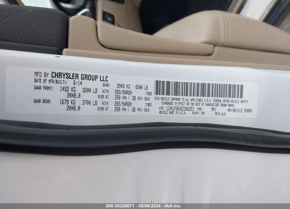 2014 JEEP GRAND CHEROKEE LIMITED VIN: 1C4RJFBG4EC566251