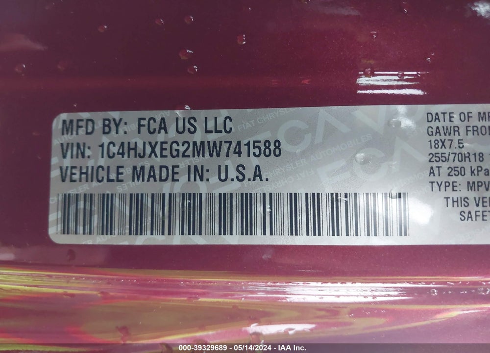2021 JEEP WRANGLER UNLIMITED SAHARA ALTITUDE 4X4 VIN: 1C4HJXEG2MW741588