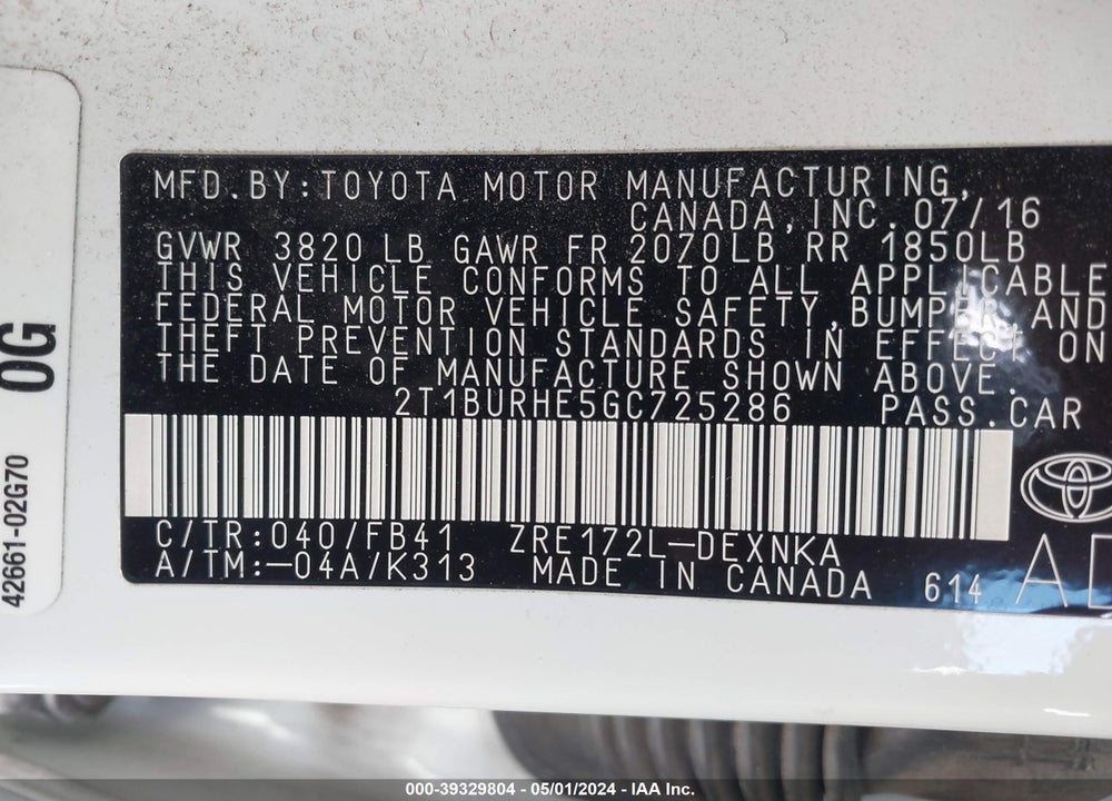 2016 TOYOTA COROLLA LE VIN: 2T1BURHE5GC725286