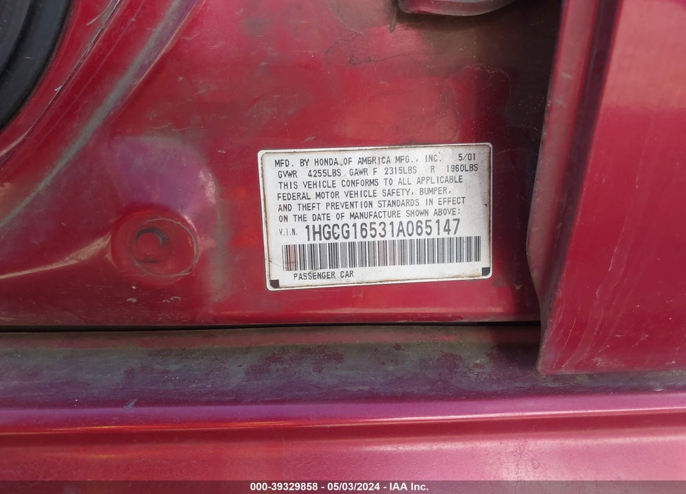 2001 HONDA ACCORD 3.0 EX VIN: 1HGCG16531A065147