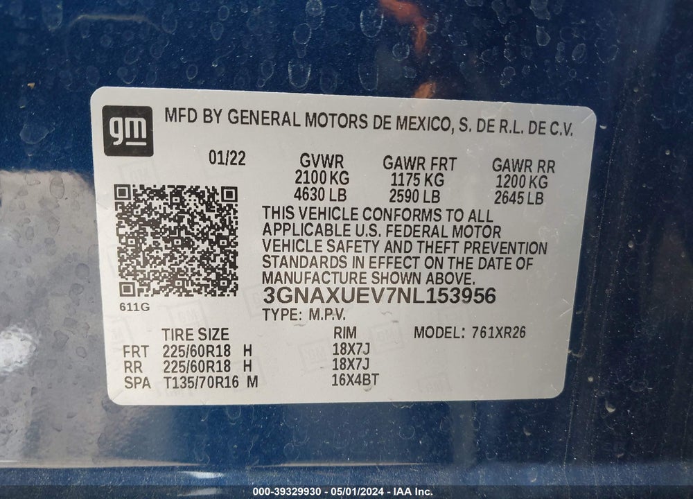 2022 CHEVROLET EQUINOX AWD LT VIN: 3GNAXUEV7NL153956