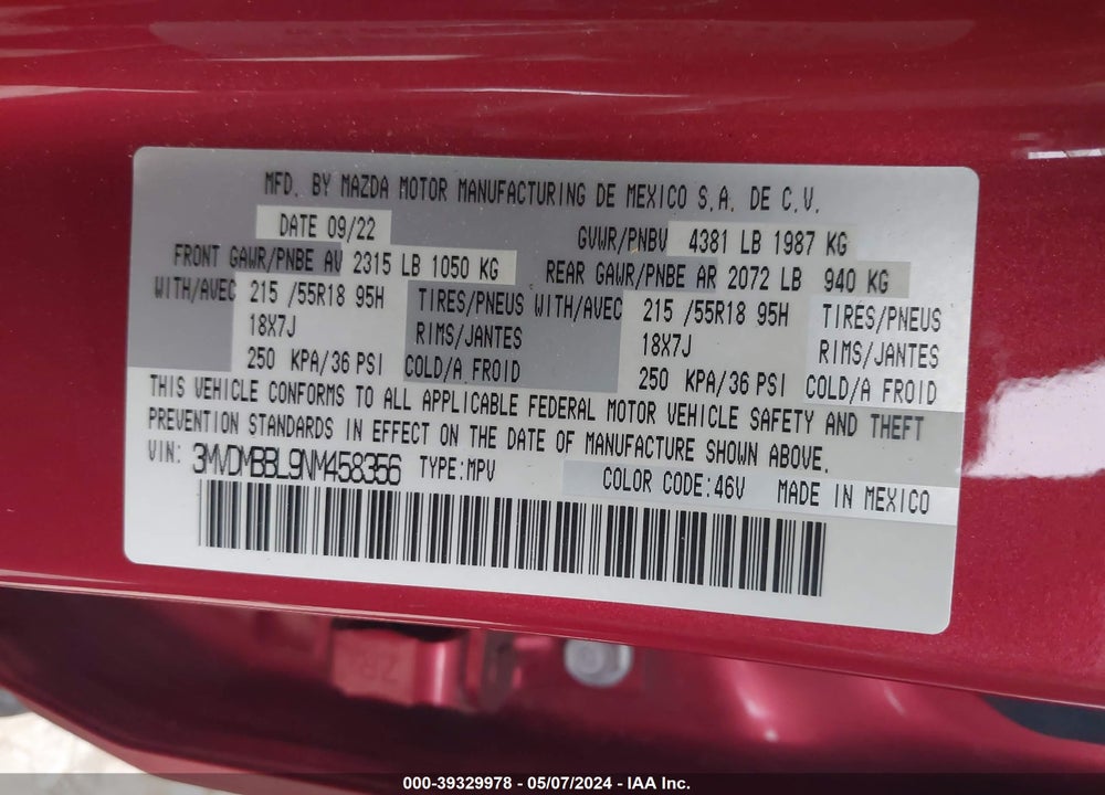 2022 MAZDA CX-30 SELECT VIN: 3MVDMBBL9NM458356