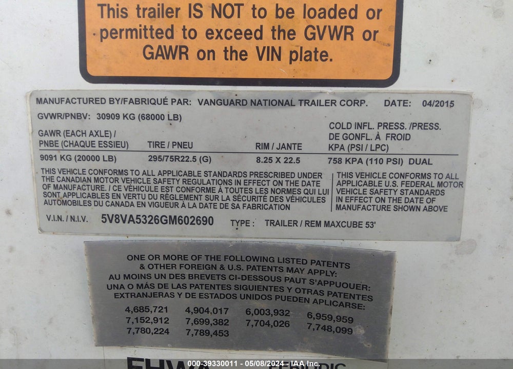 2016 VANGUARD NATIONAL TRAILER VNTC VIN: 5V8VA5326GM602690