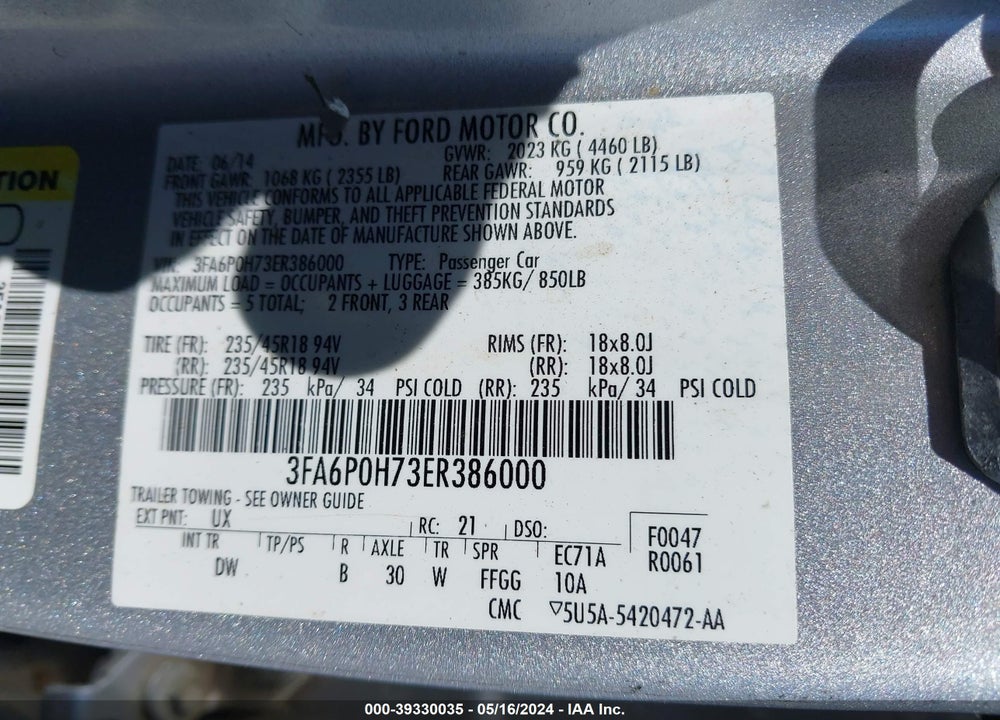 2014 FORD FUSION SE VIN: 3FA6P0H73ER386000