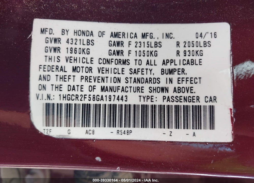 2016 HONDA ACCORD SPORT VIN: 1HGCR2F58GA197443