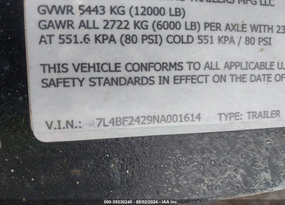 2022 STAG FLATBED TRAILER VIN: 7L4BF2429NA001614