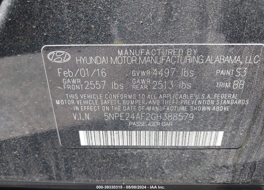 2016 HYUNDAI SONATA SE VIN: 5NPE24AF2GH388579