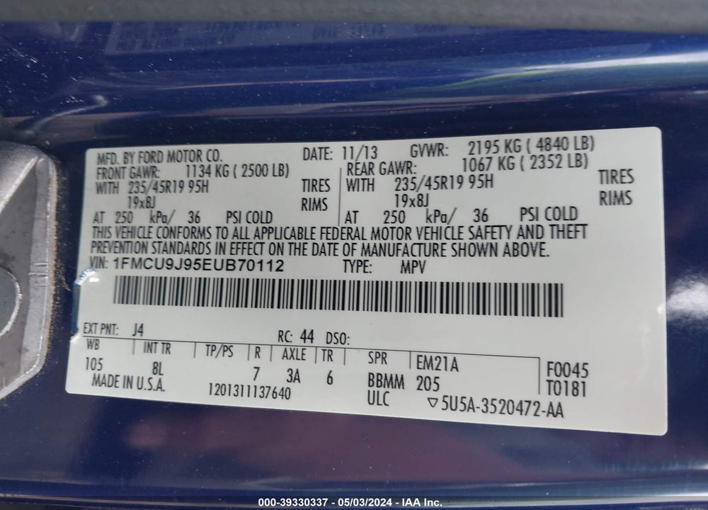 2014 FORD ESCAPE TITANIUM VIN: 1FMCU9J95EUB70112