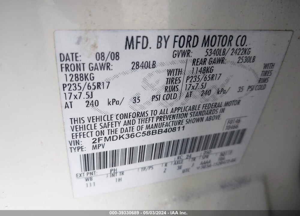 2008 FORD EDGE SE VIN: 2FMDK36C58BB40811