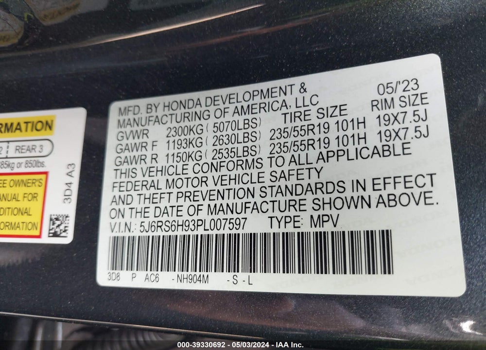 2023 HONDA CR-V HYBRID SPORT TOURING VIN: 5J6RS6H93PL007597