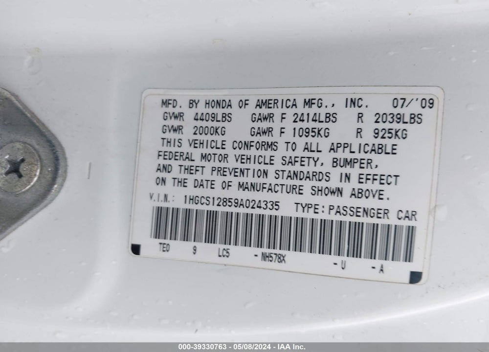 2009 HONDA ACCORD 2.4 EX-L VIN: 1HGCS12859A024335