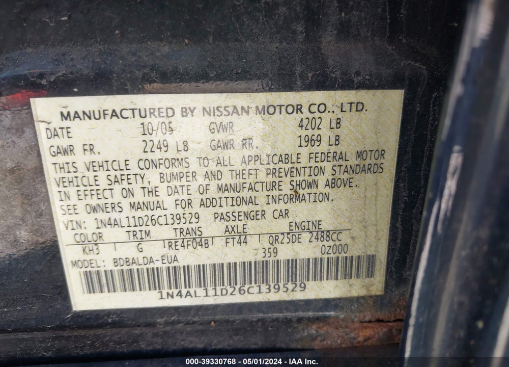 2006 NISSAN ALTIMA 2.5 S VIN: 1N4AL11D26C139529