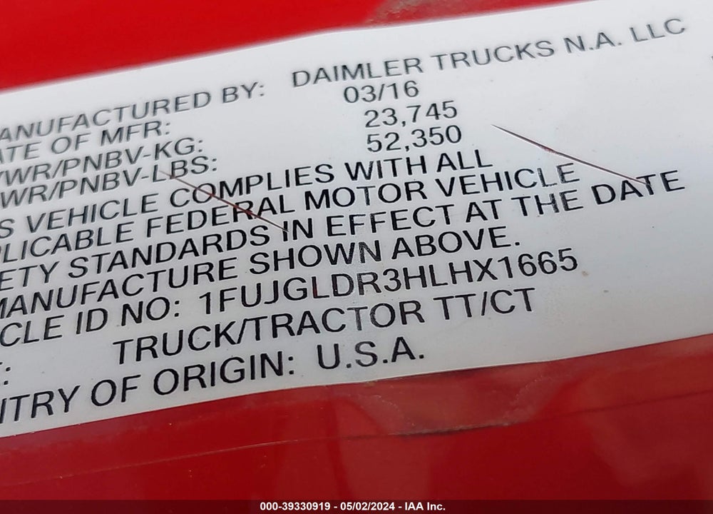 2017 FREIGHTLINER CASCADIA 125 VIN: 1FUJGLDR3HLHX1665