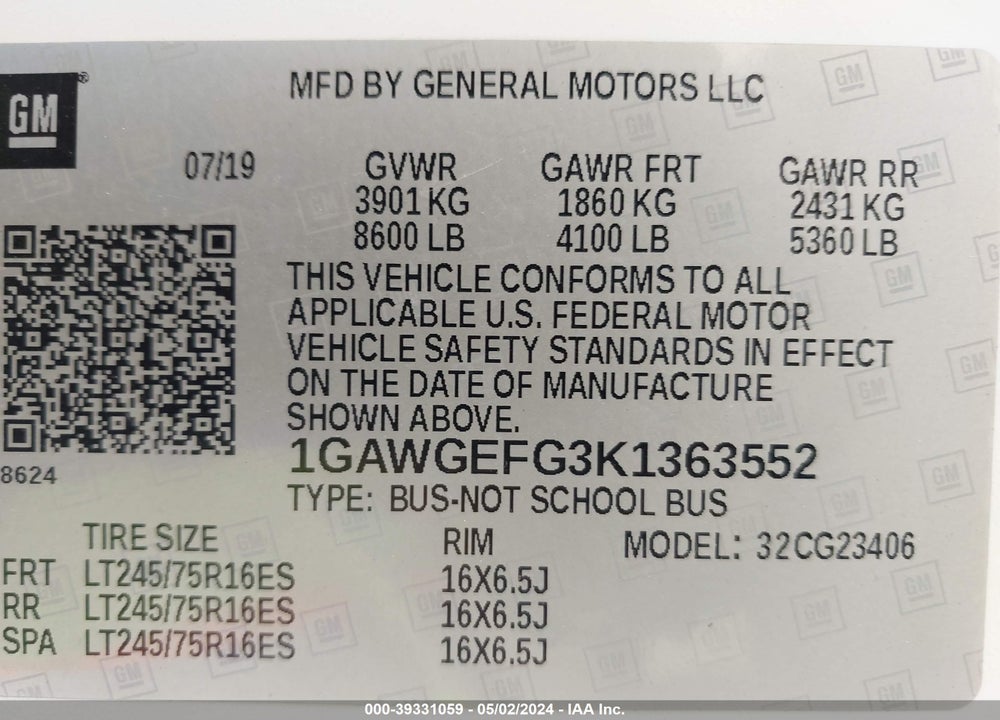 2019 CHEVROLET EXPRESS 2500 LS VIN: 1GAWGEFG3K1363552