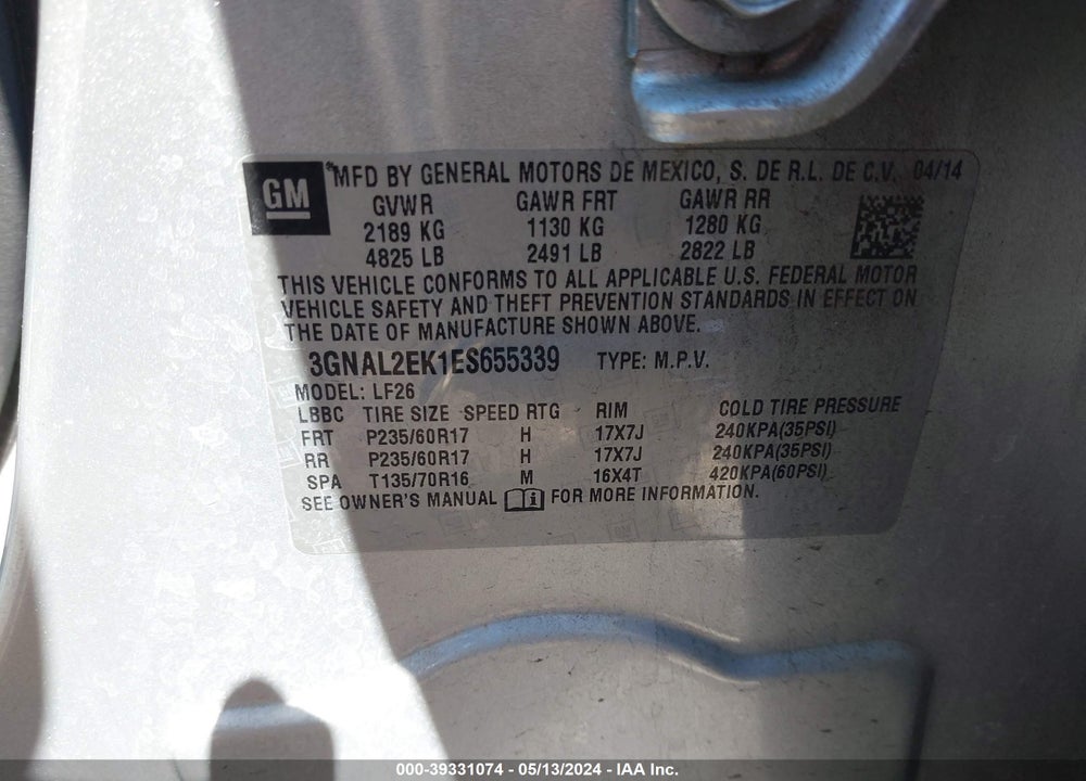 2014 CHEVROLET CAPTIVA SPORT 2LS VIN: 3GNAL2EK1ES655339