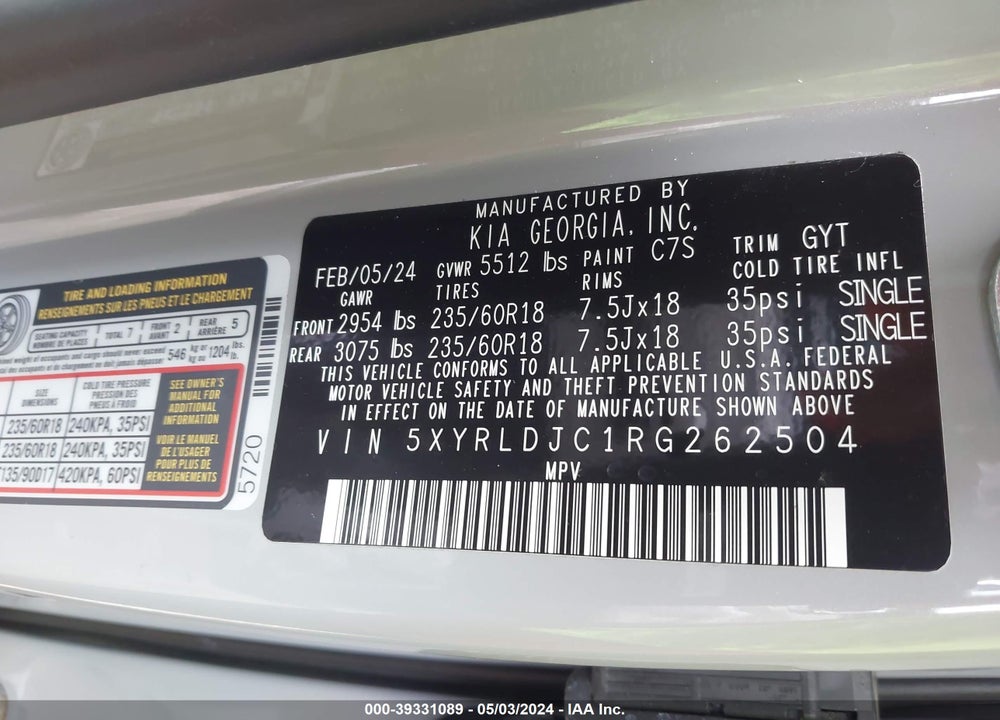 2024 KIA SORENTO S VIN: 5XYRLDJC1RG262504