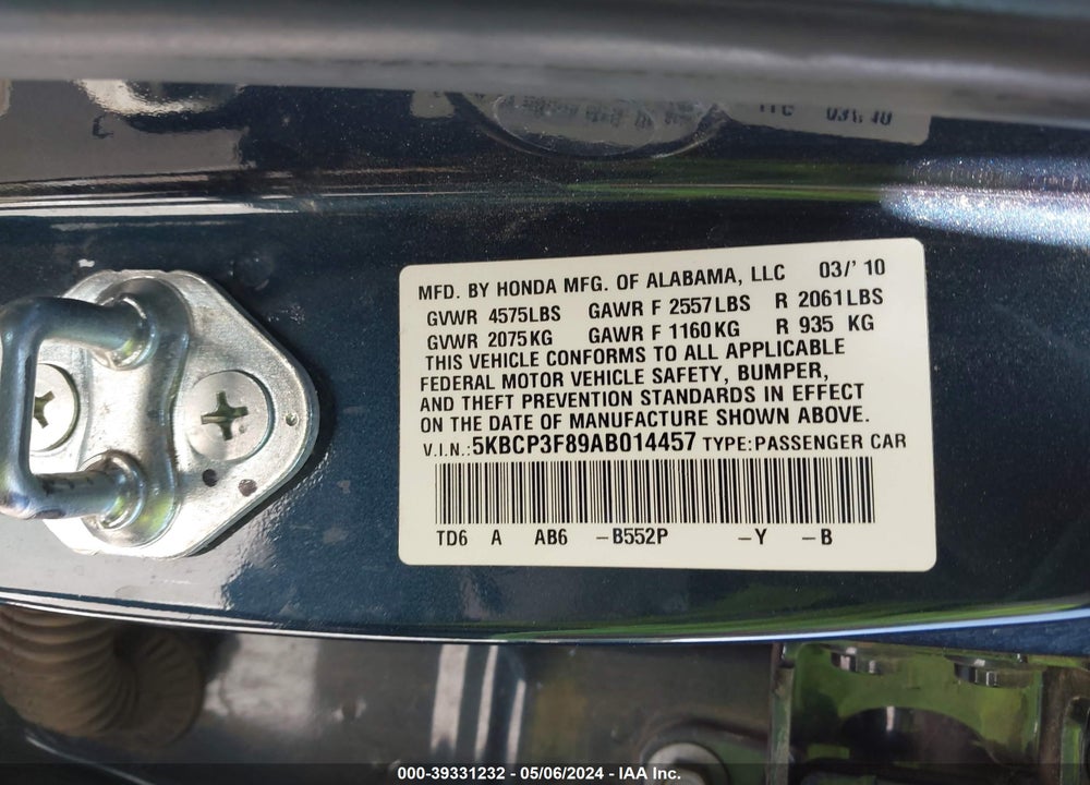 2010 HONDA ACCORD VIN: 5KBCP3F89AB014457