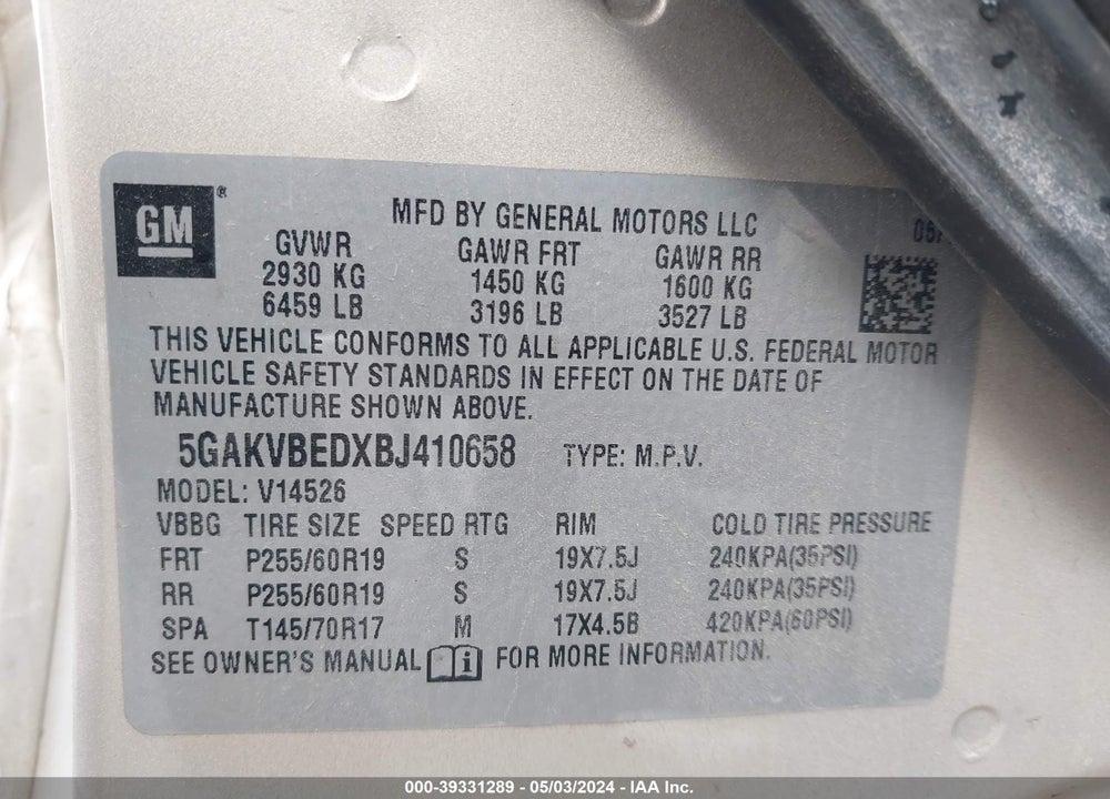 2011 BUICK ENCLAVE 1XL VIN: 5GAKVBEDXBJ410658