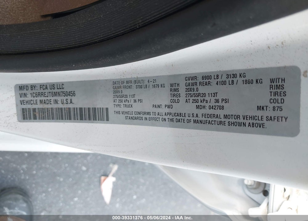 2021 RAM 1500 LAIE  4X2 5'7 BOX VIN: 1C6RREJT6MN750456