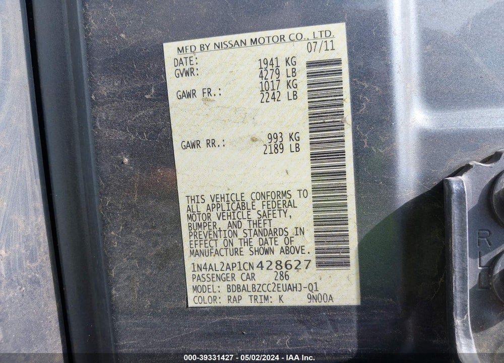 2012 NISSAN ALTIMA 2.5 S VIN: 1N4AL2AP1CN428627