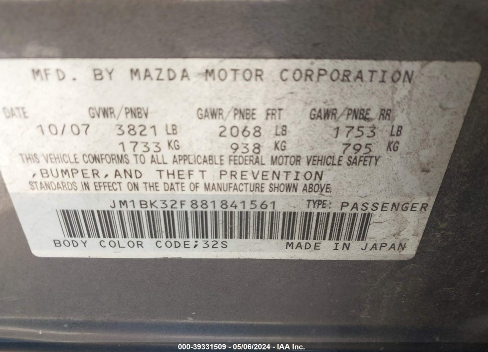 2008 MAZDA 3 I VIN: JM1BK32F881841561
