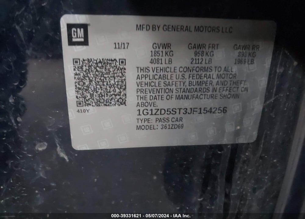 2018 CHEVROLET MALIBU LT VIN: 1G1ZD5ST3JF154256