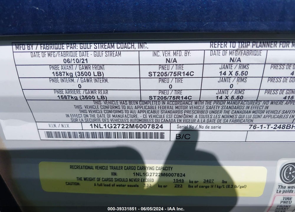 2021 GULFSTREAM OTHER VIN: 1NL1G2722M6007824