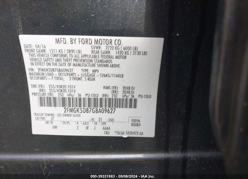 2016 FORD FLEX LIMITED VIN: 2FMGK5D87GBA09627