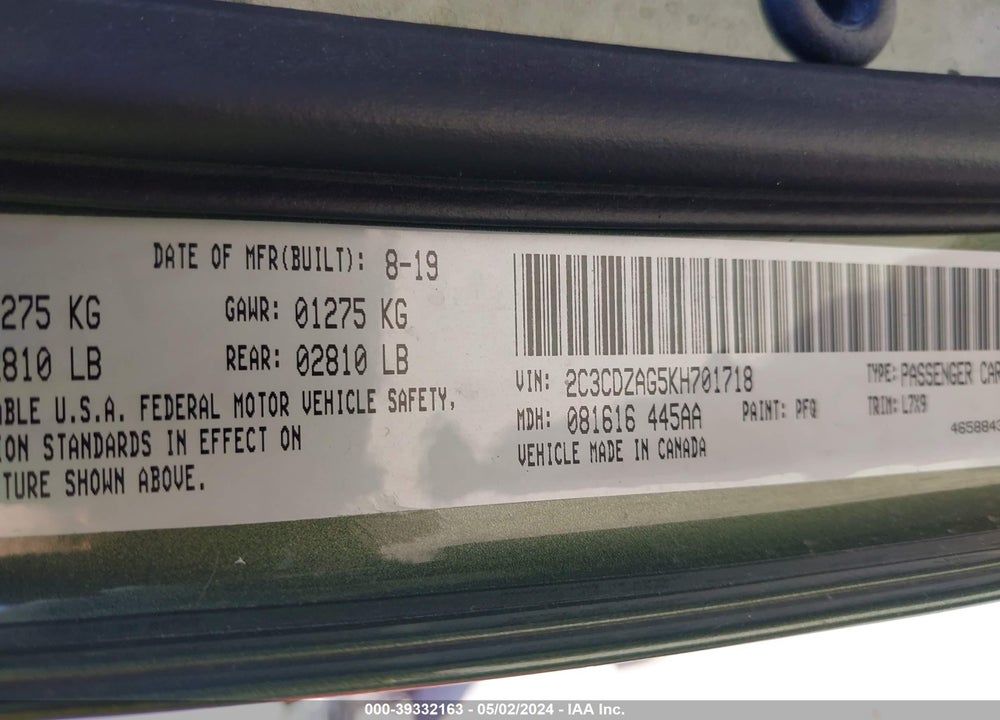 2019 DODGE CHALLENGER SXT VIN: 2C3CDZAG5KH701718