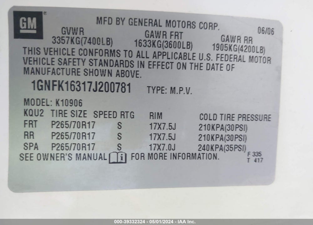 2007 CHEVROLET SUBURBAN 1500 LT VIN: 1GNFK16317J200781
