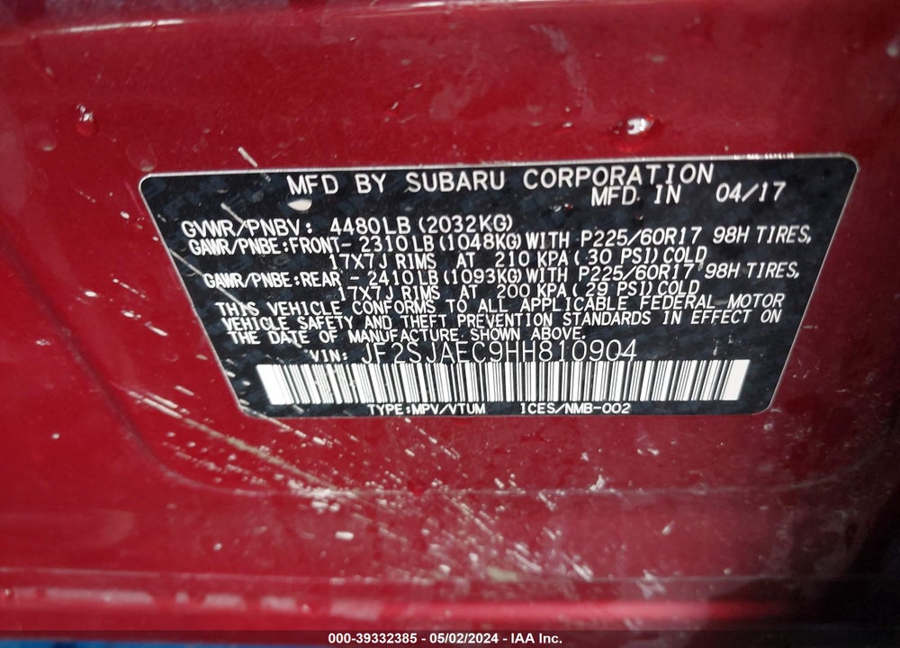 2017 SUBARU FORESTER 2.5I PREMIUM VIN: JF2SJAEC9HH810904