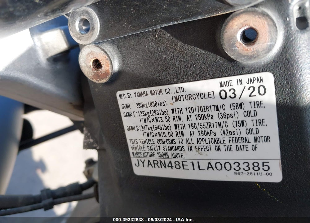 2020 YAMAHA MTN1000 VIN: JYARN48E1LA003385