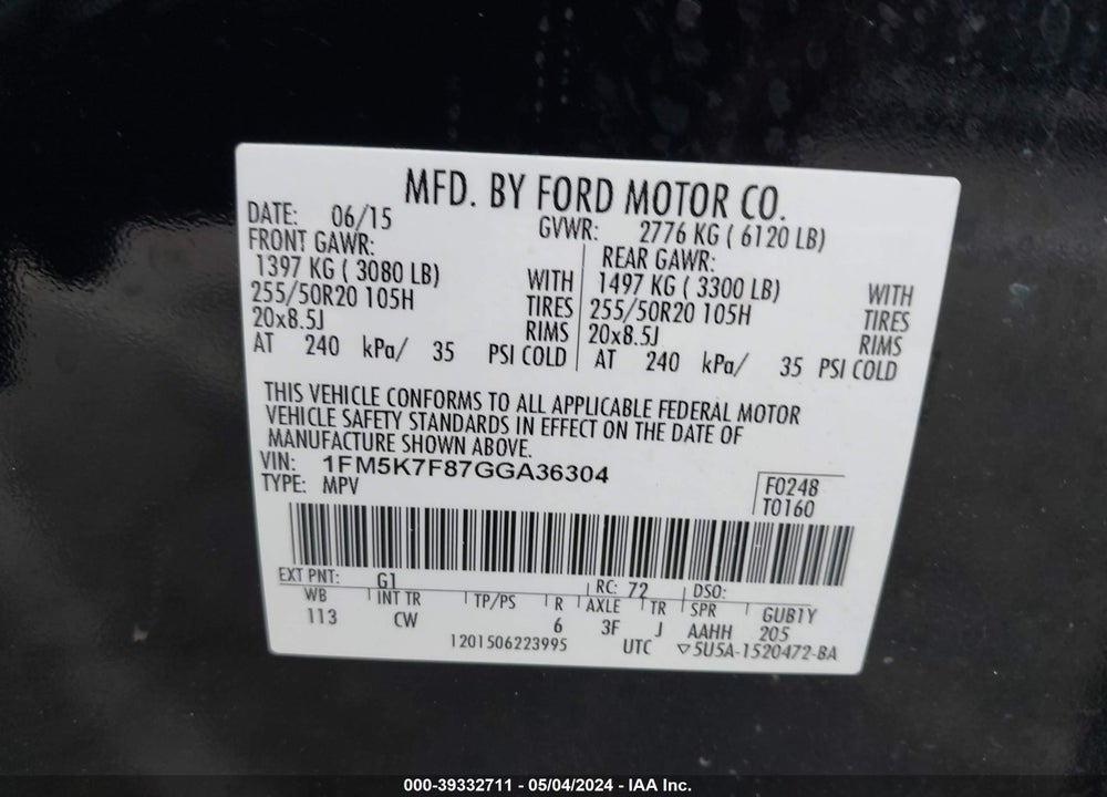 2016 FORD EXPLORER LIMITED VIN: 1FM5K7F87GGA36304