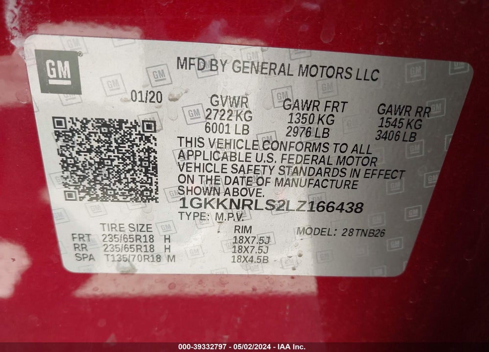 2020 GMC ACADIA VIN: 1GKKNRLS2LZ166438