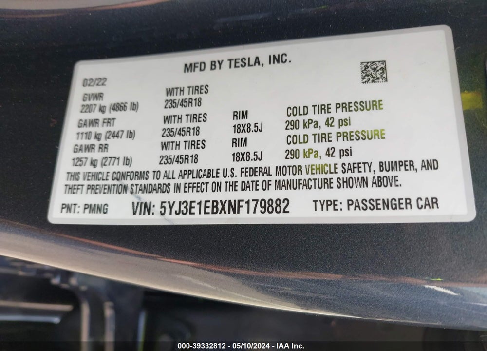 2022 TESLA MODEL 3 VIN: 5YJ3E1EBXNF179882