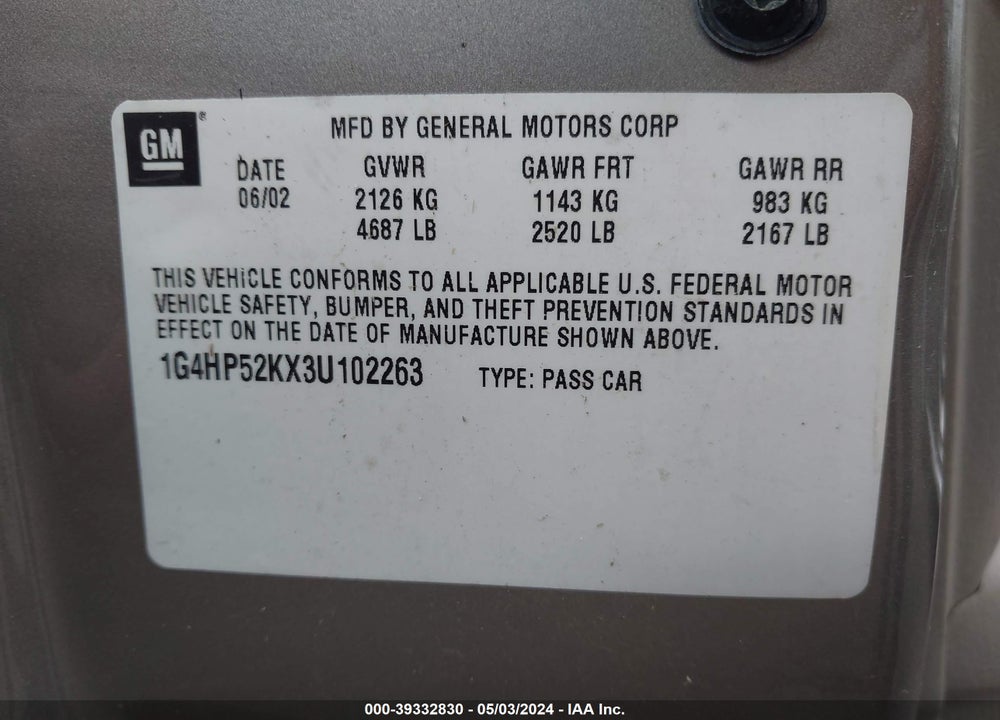 2003 BUICK LESABRE CUSTOM VIN: 1G4HP52KX3U102263