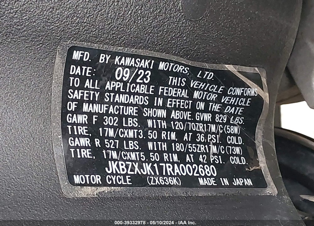 2024 KAWASAKI ZX636 K VIN: JKBZXJK17RA002680