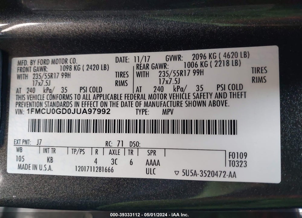 2018 FORD ESCAPE SE VIN: 1FMCU0GD0JUA97992