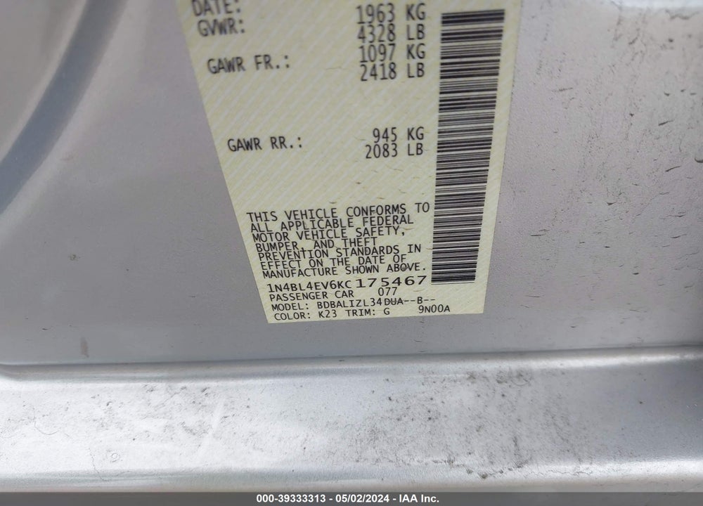 2019 NISSAN ALTIMA 2.5 SL VIN: 1N4BL4EV6KC175467