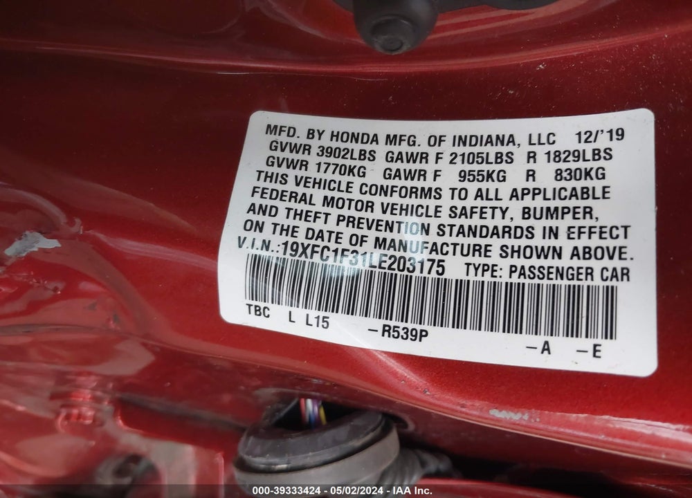 2020 HONDA CIVIC EX VIN: 19XFC1F31LE203175