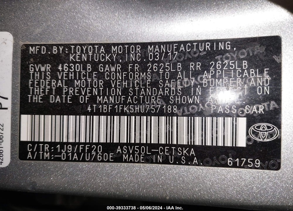 2017 TOYOTA CAMRY VIN: 4T1BF1FK5HU757188