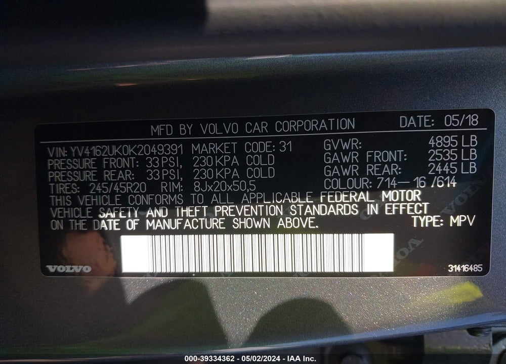 2019 VOLVO XC40 T5 MOMENTUM VIN: YV4162UK0K2049391