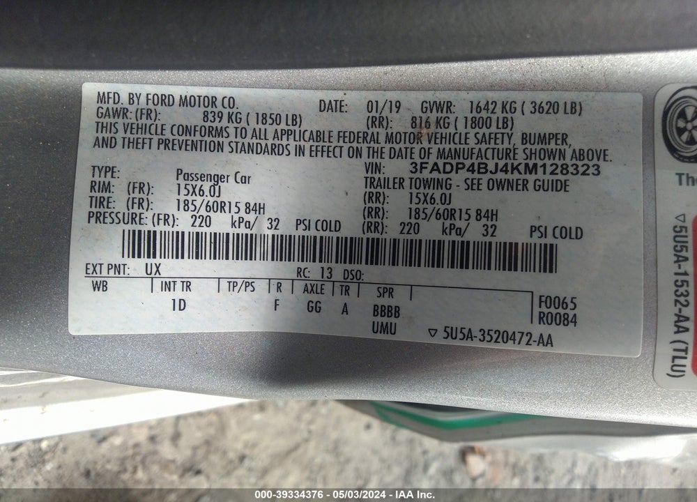 2019 FORD FIESTA SE VIN: 3FADP4BJ4KM128323