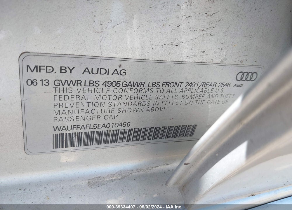 2014 AUDI A4 2.0T PREMIUM VIN: WAUFFAFL5EA010456