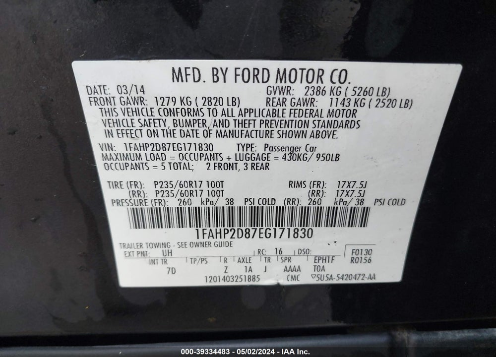 2014 FORD TAURUS SE VIN: 1FAHP2D87EG171830