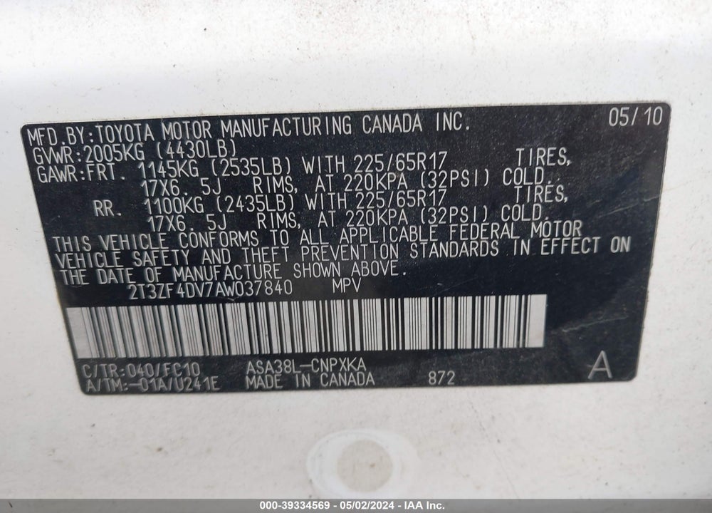 2010 TOYOTA RAV4 VIN: 2T3ZF4DV7AW037840